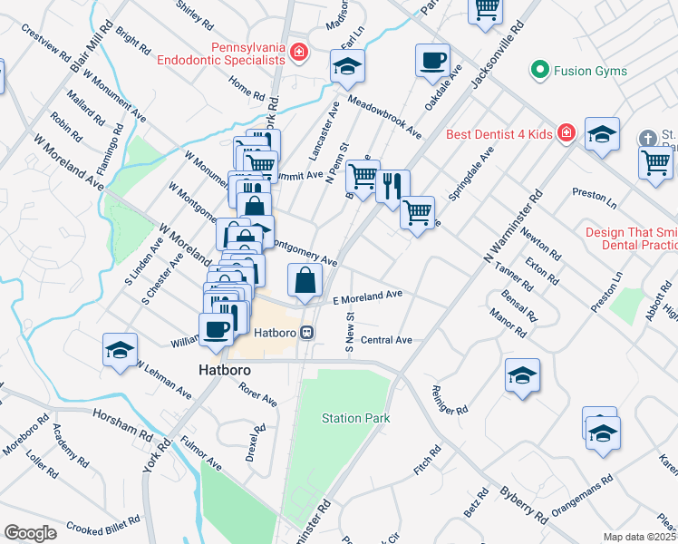 map of restaurants, bars, coffee shops, grocery stores, and more near 32 Jacksonville Road in Hatboro