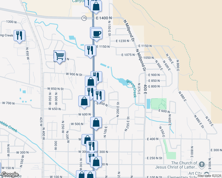 map of restaurants, bars, coffee shops, grocery stores, and more near 178 East 800 North in Springville