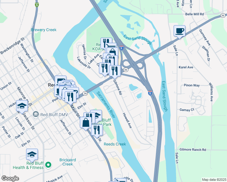 map of restaurants, bars, coffee shops, grocery stores, and more near 61 Howell Avenue in Red Bluff