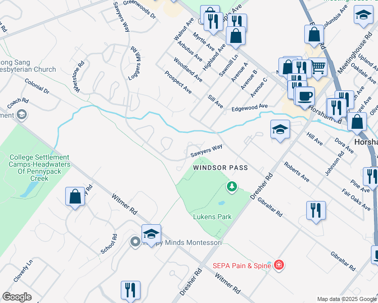 map of restaurants, bars, coffee shops, grocery stores, and more near 85 Black Watch Court in Horsham