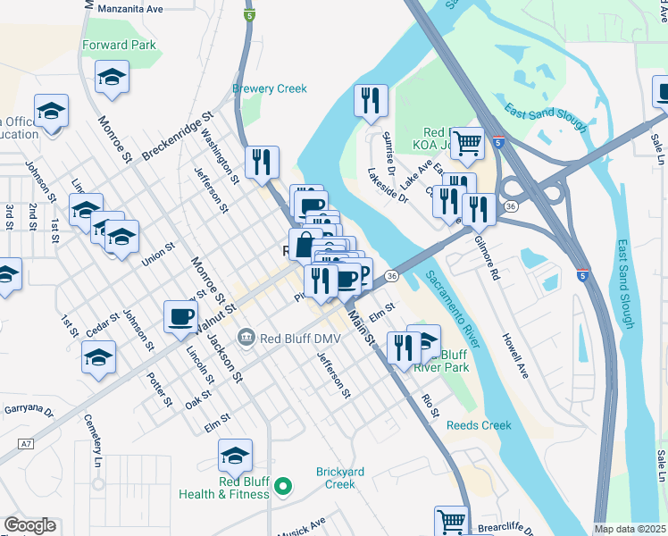 map of restaurants, bars, coffee shops, grocery stores, and more near 710 Main Street in Red Bluff
