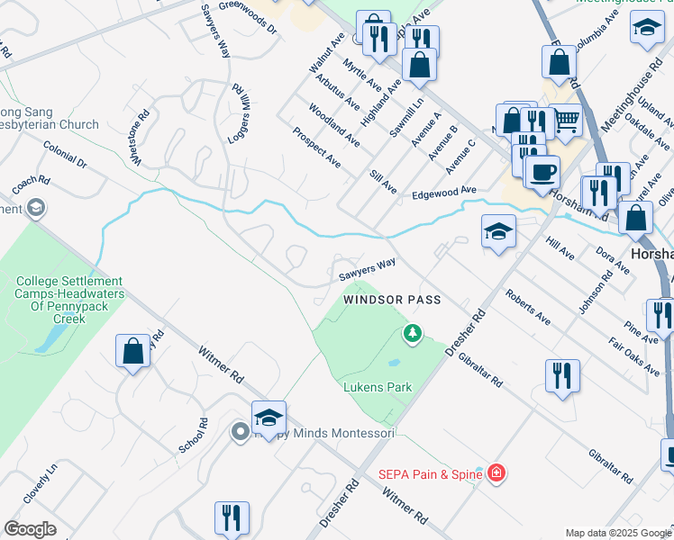map of restaurants, bars, coffee shops, grocery stores, and more near 85 Black Watch Court in Horsham