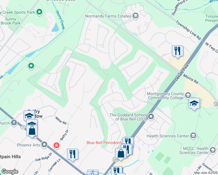map of restaurants, bars, coffee shops, grocery stores, and more near 218 Canterbury Court in Blue Bell