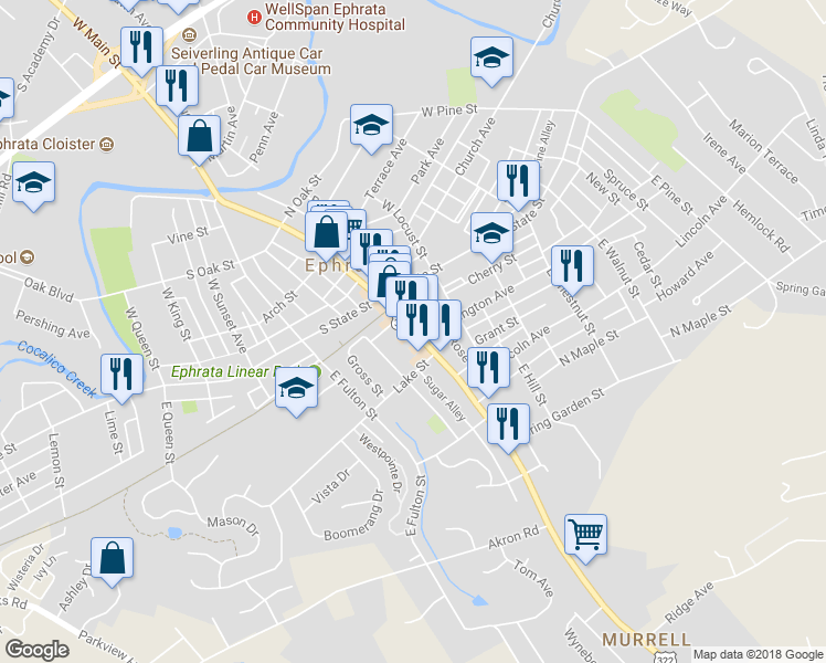 map of restaurants, bars, coffee shops, grocery stores, and more near 45 East Main Street in Ephrata