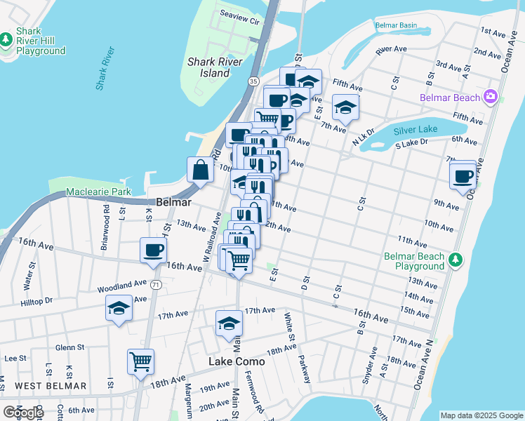 map of restaurants, bars, coffee shops, grocery stores, and more near 1101 Main Street in Belmar