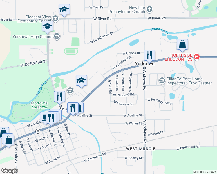 map of restaurants, bars, coffee shops, grocery stores, and more near 1709 South York Road in Yorktown