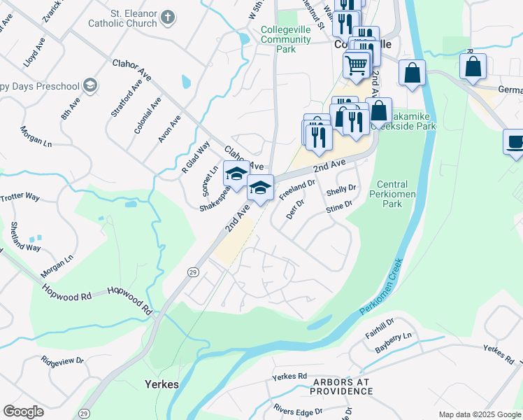 map of restaurants, bars, coffee shops, grocery stores, and more near in Collegeville