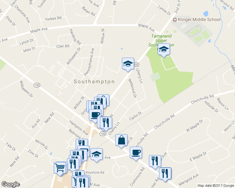 map of restaurants, bars, coffee shops, grocery stores, and more near 921 2nd Street Pike in Southampton