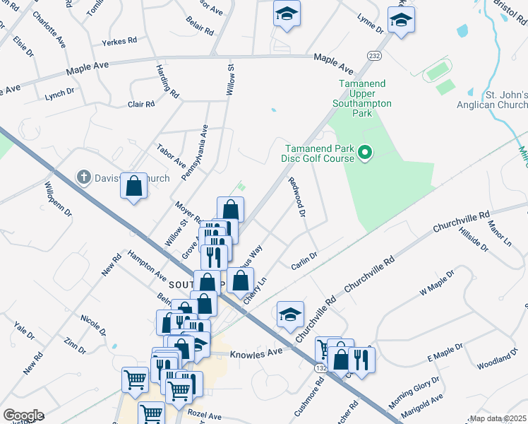 map of restaurants, bars, coffee shops, grocery stores, and more near 921 2nd Street Pike in Southampton