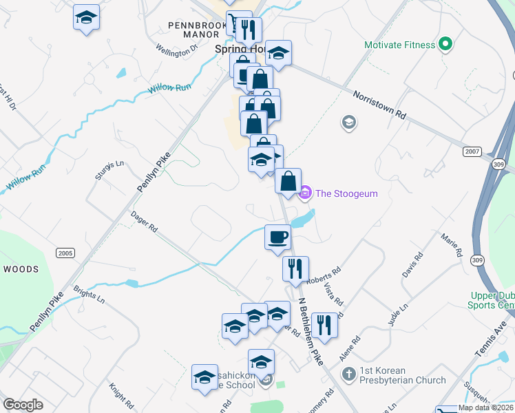 map of restaurants, bars, coffee shops, grocery stores, and more near 804 Poplar Court in Spring House