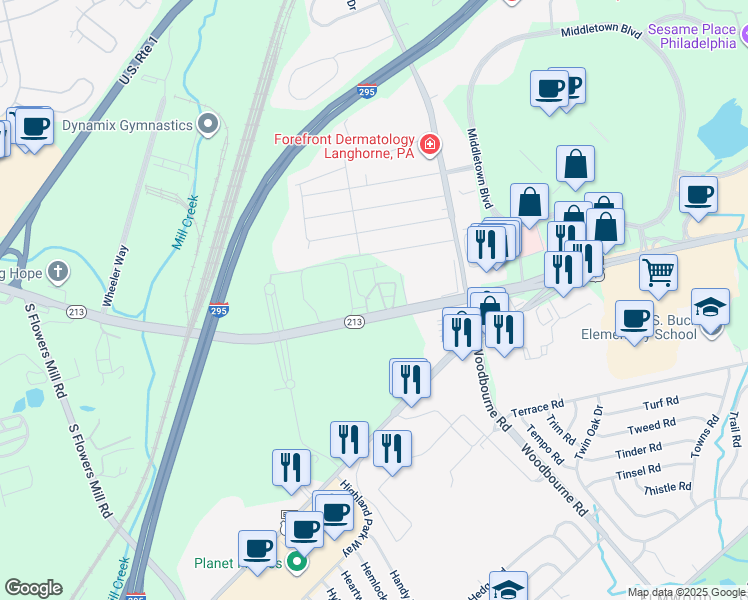 map of restaurants, bars, coffee shops, grocery stores, and more near 1800 East Old Lincoln Highway in Langhorne