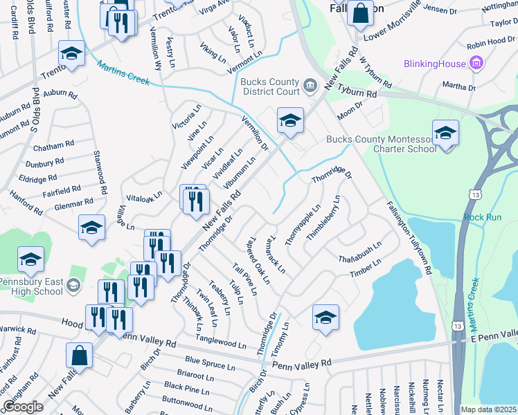 map of restaurants, bars, coffee shops, grocery stores, and more near 308 Thornridge Drive in Levittown