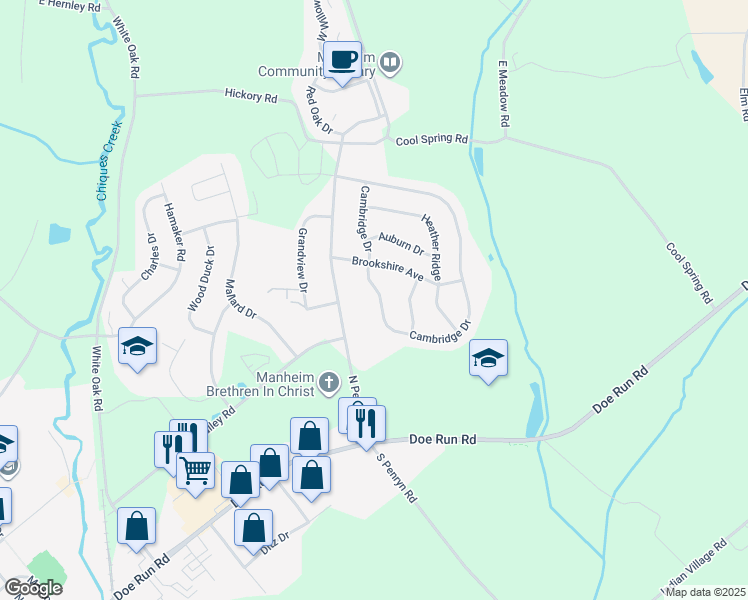 map of restaurants, bars, coffee shops, grocery stores, and more near 1072 Cambridge Drive in Manheim