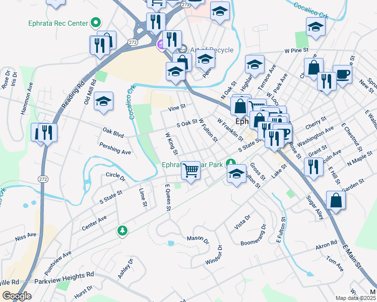 map of restaurants, bars, coffee shops, grocery stores, and more near 321 Arch Street in Ephrata