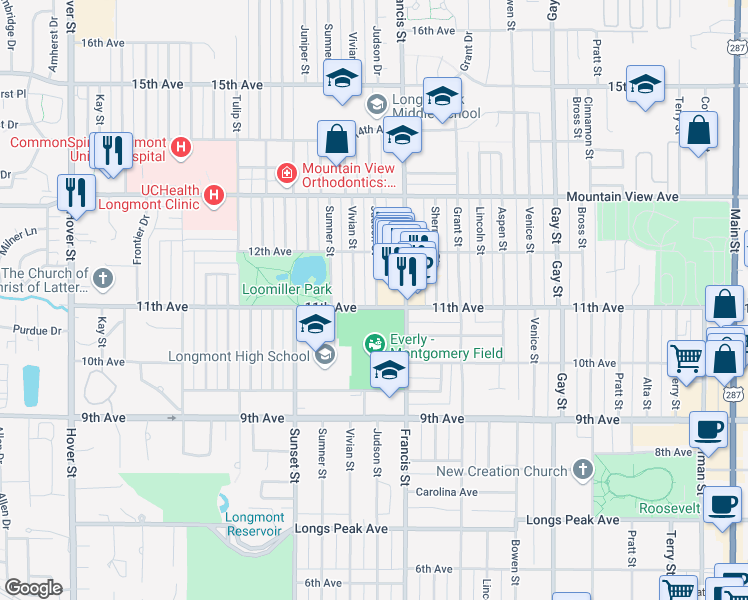 map of restaurants, bars, coffee shops, grocery stores, and more near 1105 Judson Street in Longmont