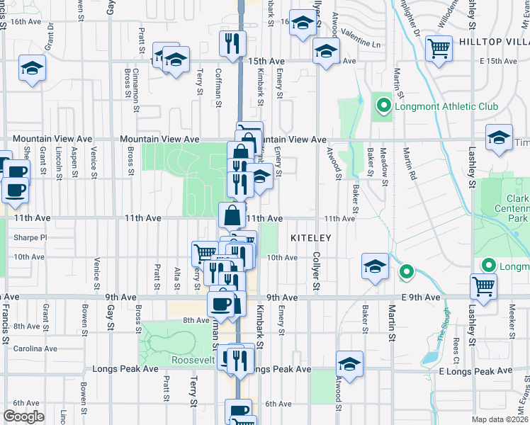 map of restaurants, bars, coffee shops, grocery stores, and more near in Longmont