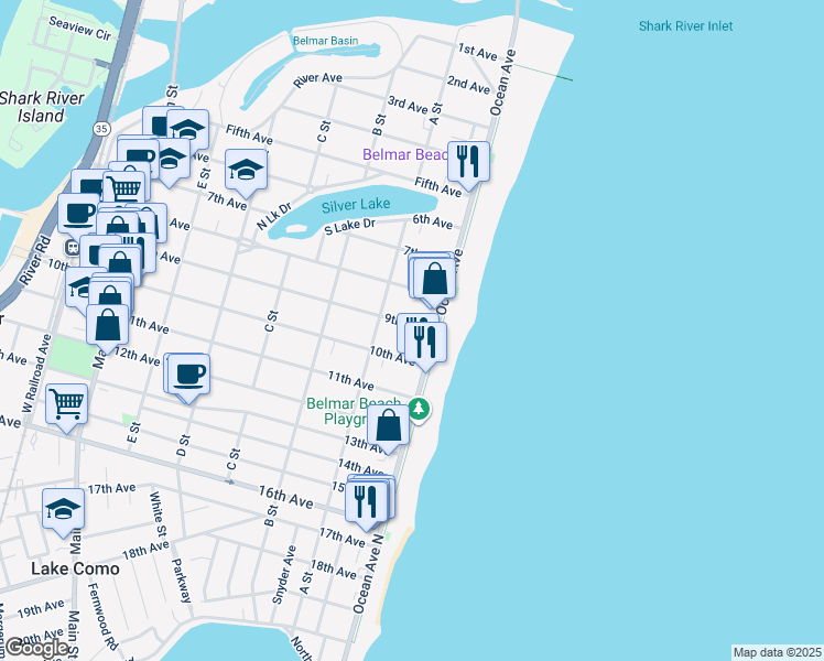 map of restaurants, bars, coffee shops, grocery stores, and more near 906 Ocean Avenue North in Belmar