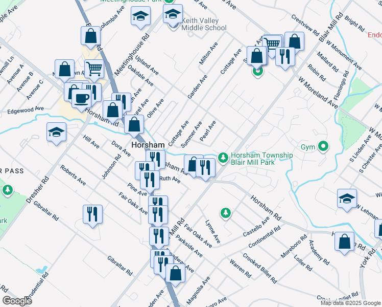 map of restaurants, bars, coffee shops, grocery stores, and more near 136 Horsham Road in Horsham