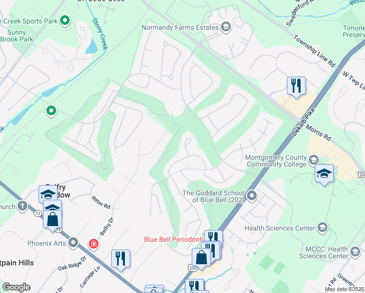 map of restaurants, bars, coffee shops, grocery stores, and more near 218 Canterbury Court in Blue Bell