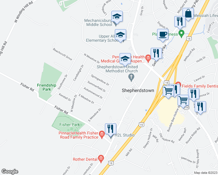 map of restaurants, bars, coffee shops, grocery stores, and more near 312 East Meadow Drive in Mechanicsburg