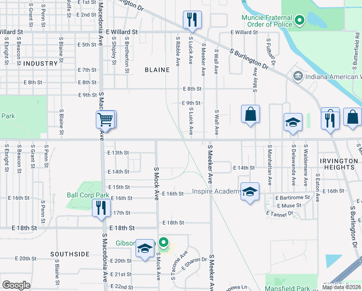 map of restaurants, bars, coffee shops, grocery stores, and more near 2213 East Memorial Drive in Muncie