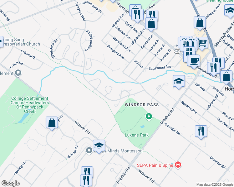 map of restaurants, bars, coffee shops, grocery stores, and more near 113 Macintosh Court in Horsham