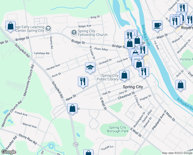 map of restaurants, bars, coffee shops, grocery stores, and more near 419 New Street in Spring City