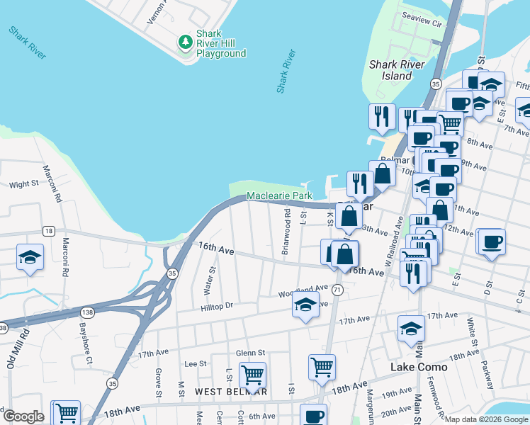 map of restaurants, bars, coffee shops, grocery stores, and more near 1216 Pine Tree Way in Belmar