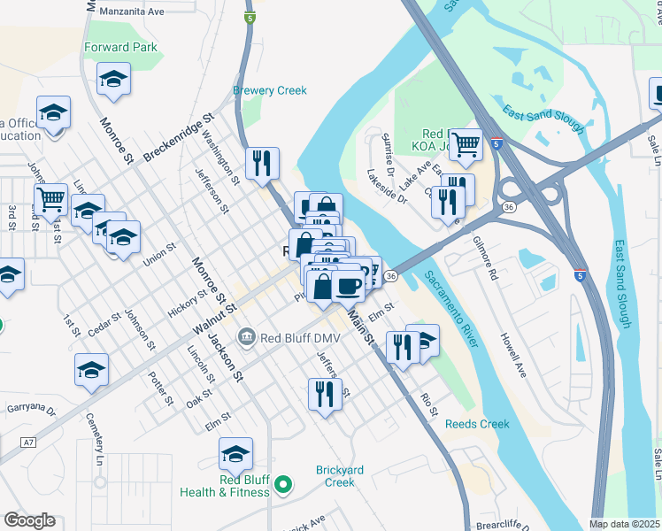map of restaurants, bars, coffee shops, grocery stores, and more near 332 Pine Street in Red Bluff