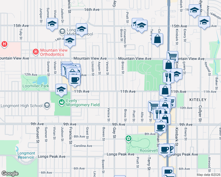 map of restaurants, bars, coffee shops, grocery stores, and more near 1046 Venice Street in Longmont