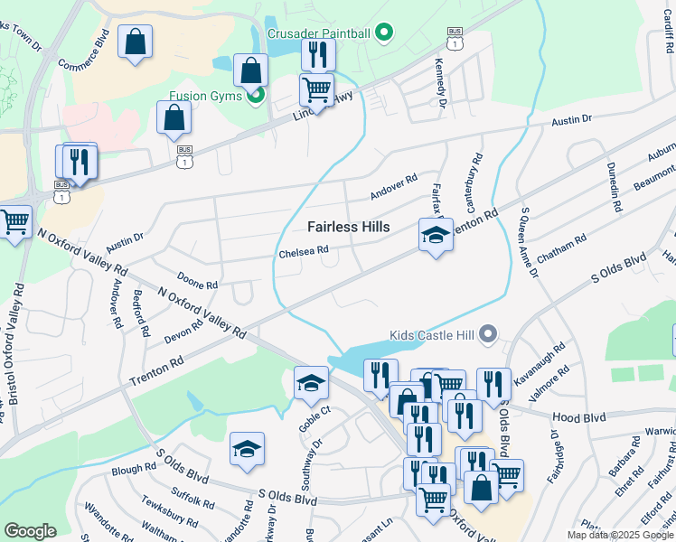 map of restaurants, bars, coffee shops, grocery stores, and more near 360 Chelsea Place in Fairless Hills