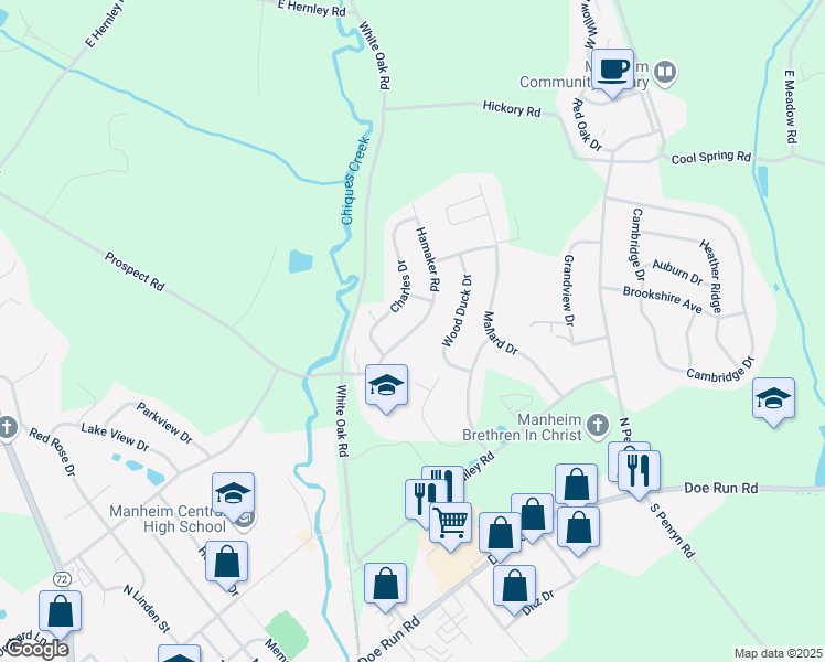 map of restaurants, bars, coffee shops, grocery stores, and more near 629 Hamaker Road in Manheim