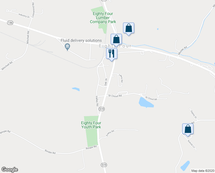 map of restaurants, bars, coffee shops, grocery stores, and more near 9 Oak Street in Eighty Four