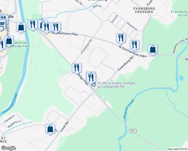 map of restaurants, bars, coffee shops, grocery stores, and more near 3823 Ridge Pike in Collegeville