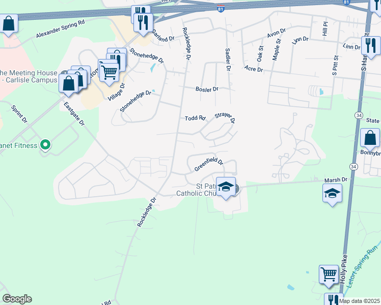 map of restaurants, bars, coffee shops, grocery stores, and more near 34 Tunbridge Lane in Carlisle