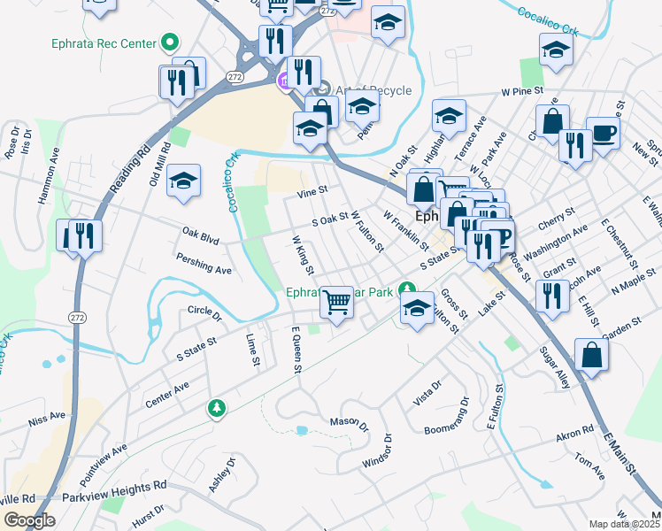 map of restaurants, bars, coffee shops, grocery stores, and more near 321 Arch Street in Ephrata