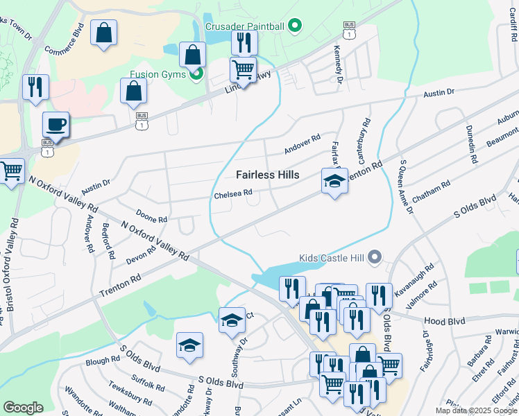 map of restaurants, bars, coffee shops, grocery stores, and more near 360 Chelsea Place in Fairless Hills