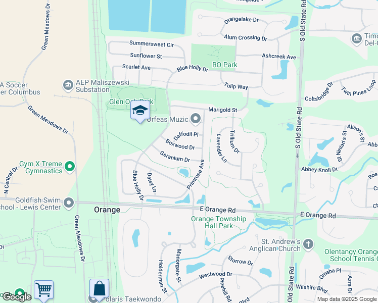 map of restaurants, bars, coffee shops, grocery stores, and more near 1641 Geranium Drive in Lewis Center