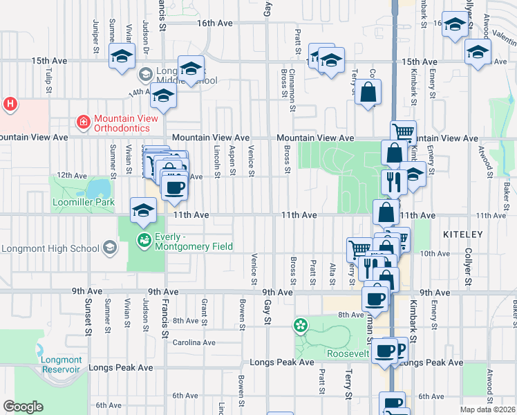 map of restaurants, bars, coffee shops, grocery stores, and more near 1046 Venice Street in Longmont
