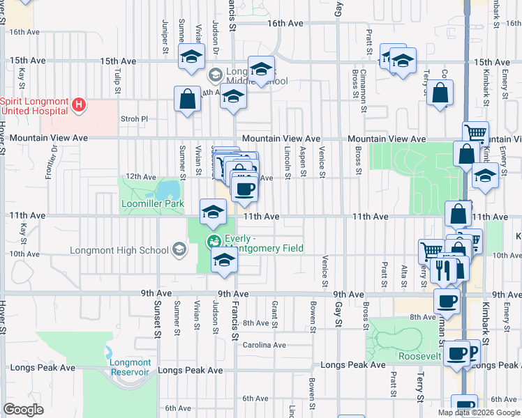 map of restaurants, bars, coffee shops, grocery stores, and more near 1427 11th Avenue in Longmont