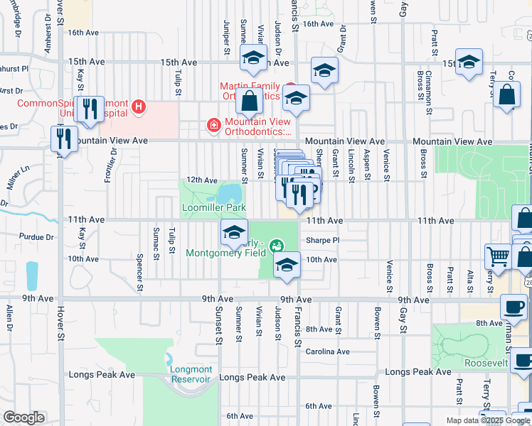 map of restaurants, bars, coffee shops, grocery stores, and more near 1102 Vivian Street in Longmont