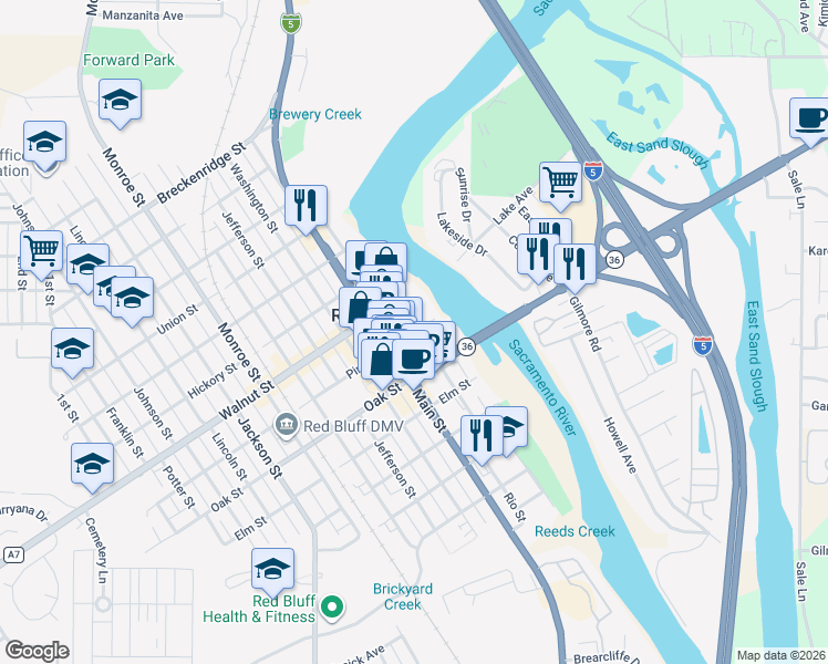 map of restaurants, bars, coffee shops, grocery stores, and more near 635 Rio Street in Red Bluff