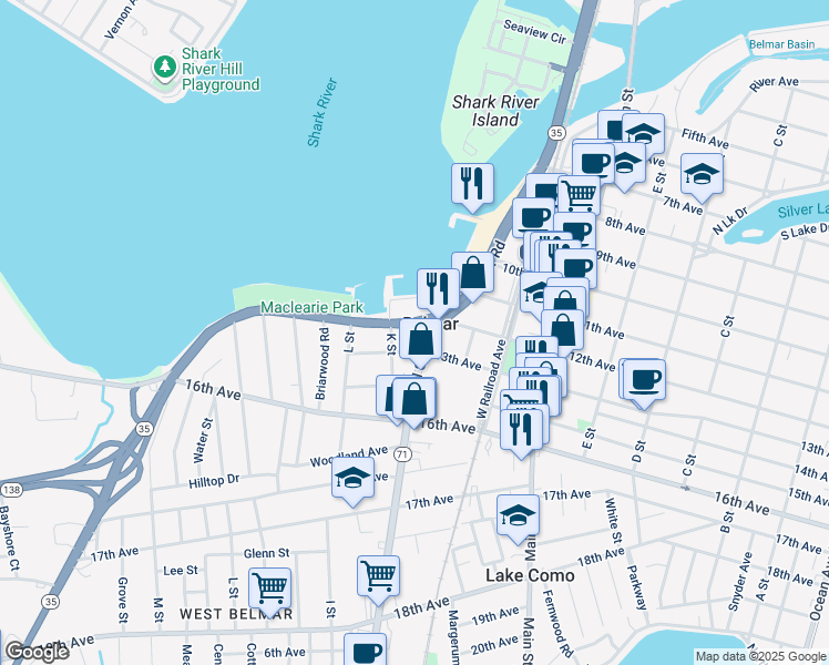 map of restaurants, bars, coffee shops, grocery stores, and more near 912 13th Avenue in Belmar