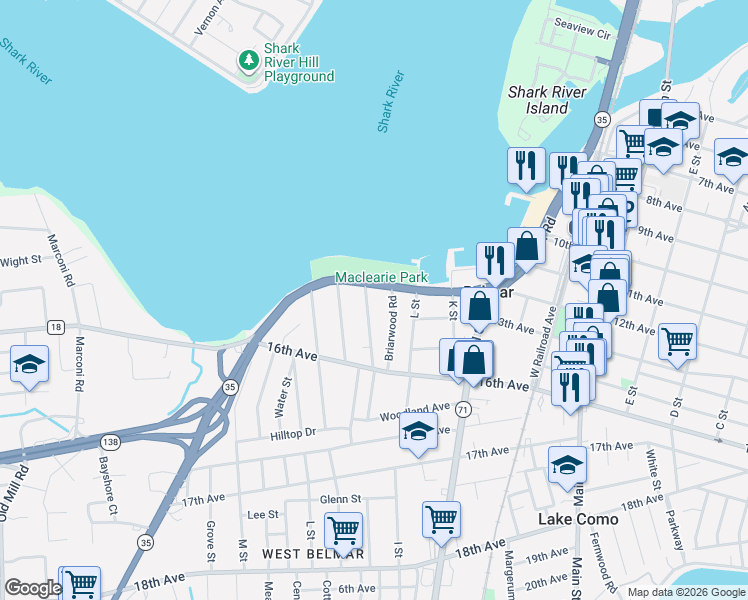 map of restaurants, bars, coffee shops, grocery stores, and more near 1216 Briarwood Road in Belmar