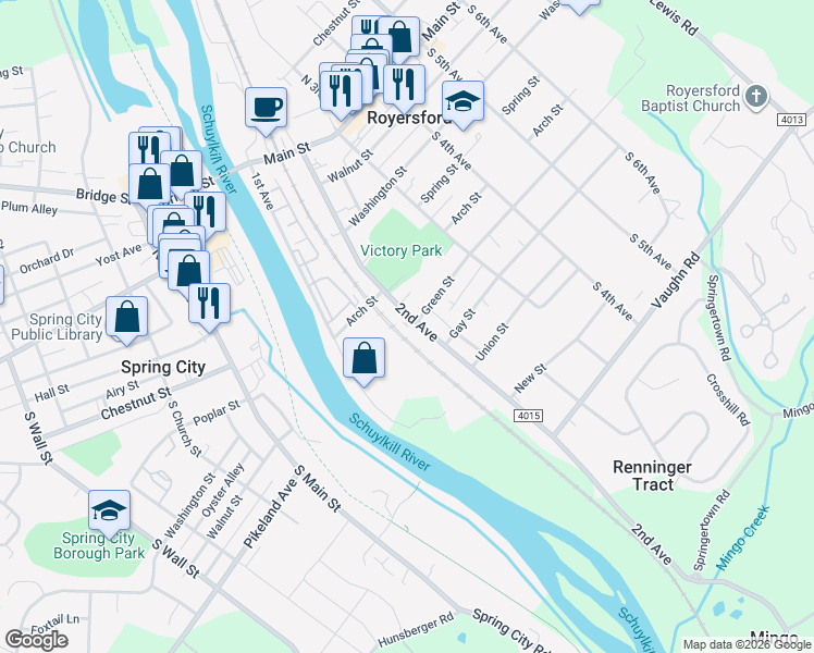 map of restaurants, bars, coffee shops, grocery stores, and more near 490 1st Avenue in Royersford