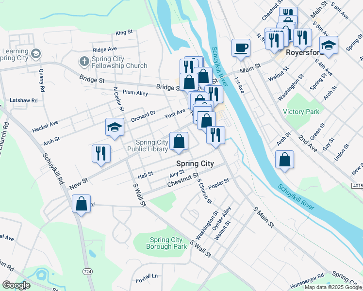 map of restaurants, bars, coffee shops, grocery stores, and more near 235 Broad Street in Spring City