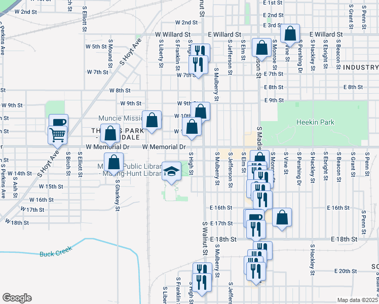 map of restaurants, bars, coffee shops, grocery stores, and more near 1921 South High Street in Muncie