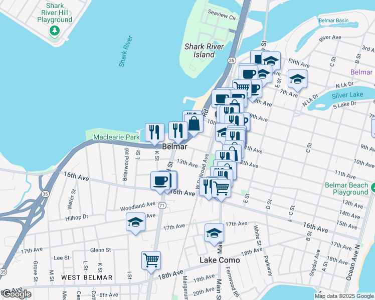 map of restaurants, bars, coffee shops, grocery stores, and more near 819 12th Avenue in Belmar