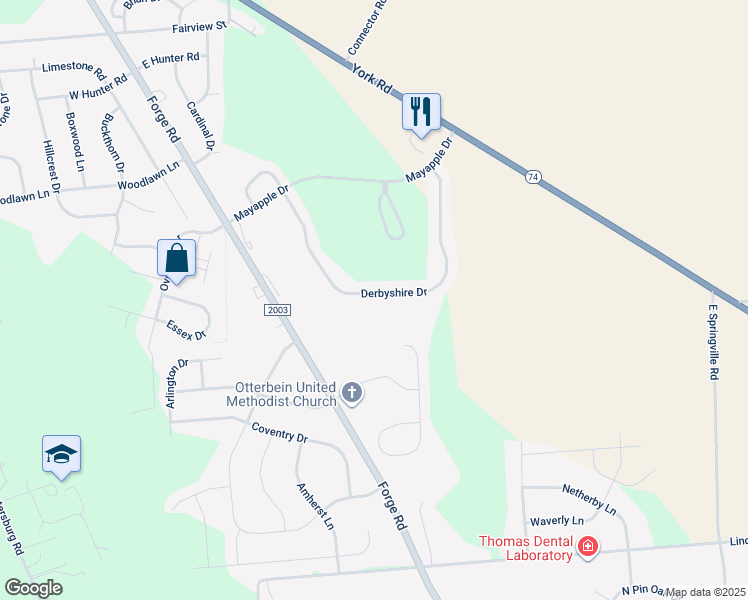 map of restaurants, bars, coffee shops, grocery stores, and more near 45 Derbyshire Drive in Carlisle