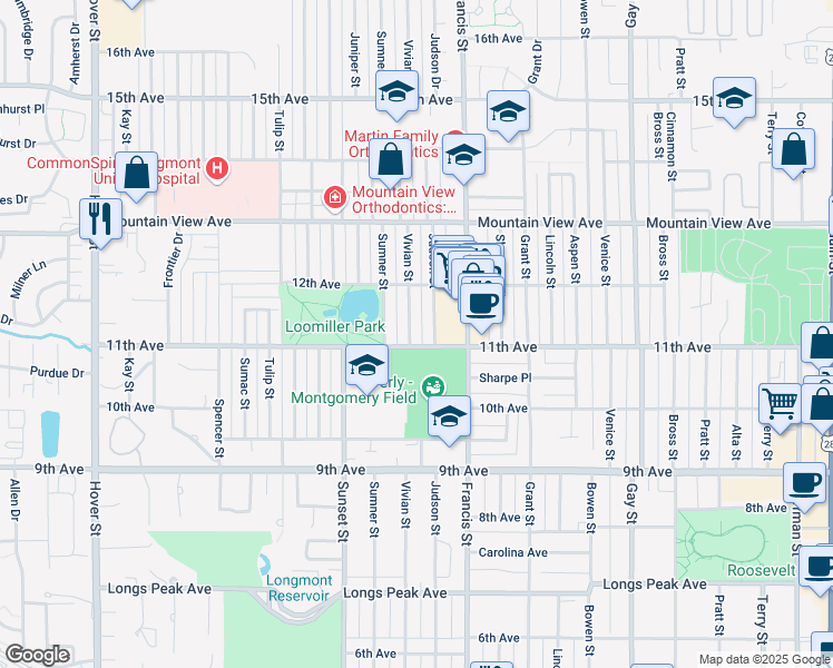 map of restaurants, bars, coffee shops, grocery stores, and more near 1102 Vivian Street in Longmont